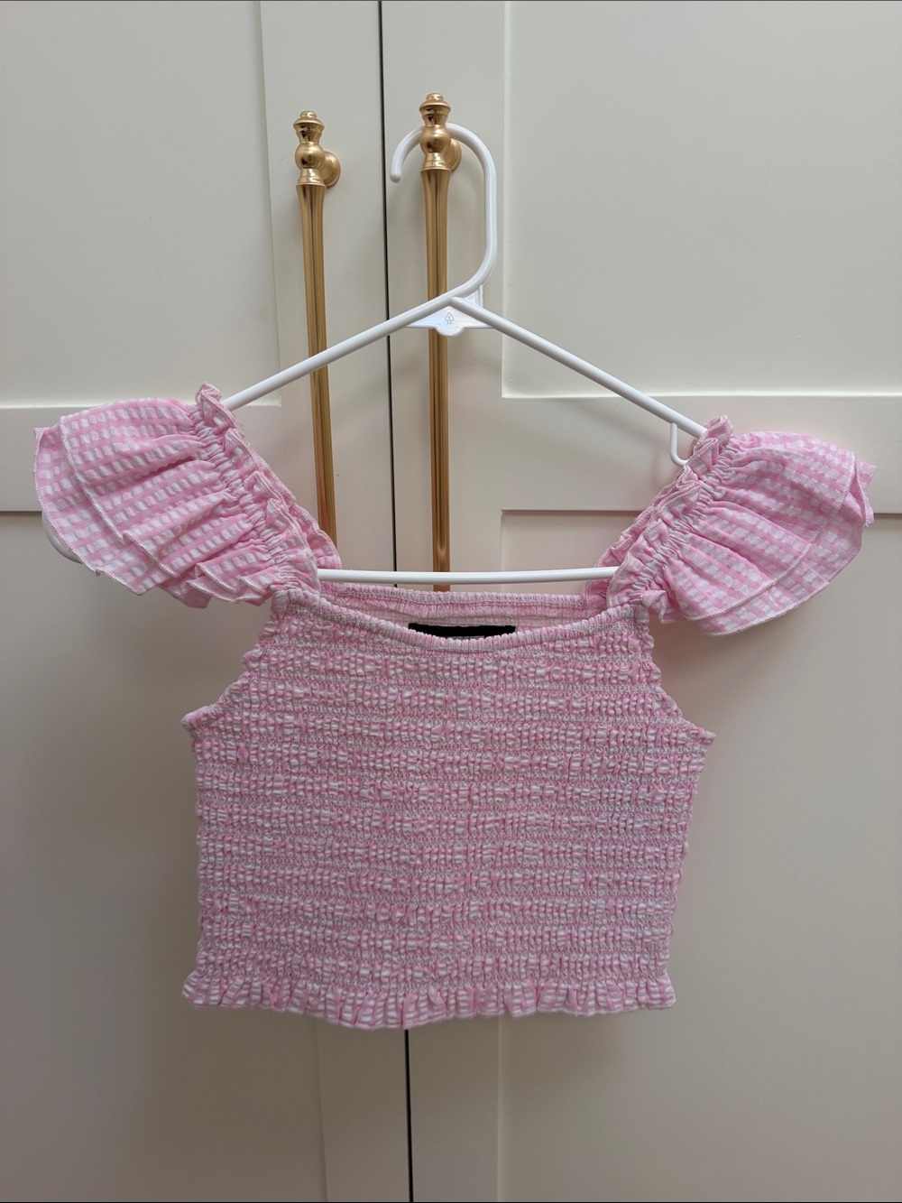 Katie J NYC Pink Smocked Ruffle Sleeve Crop Top